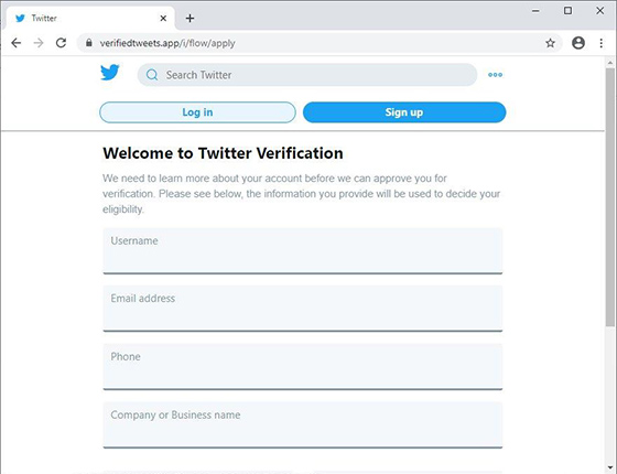 Twitter fake verification page